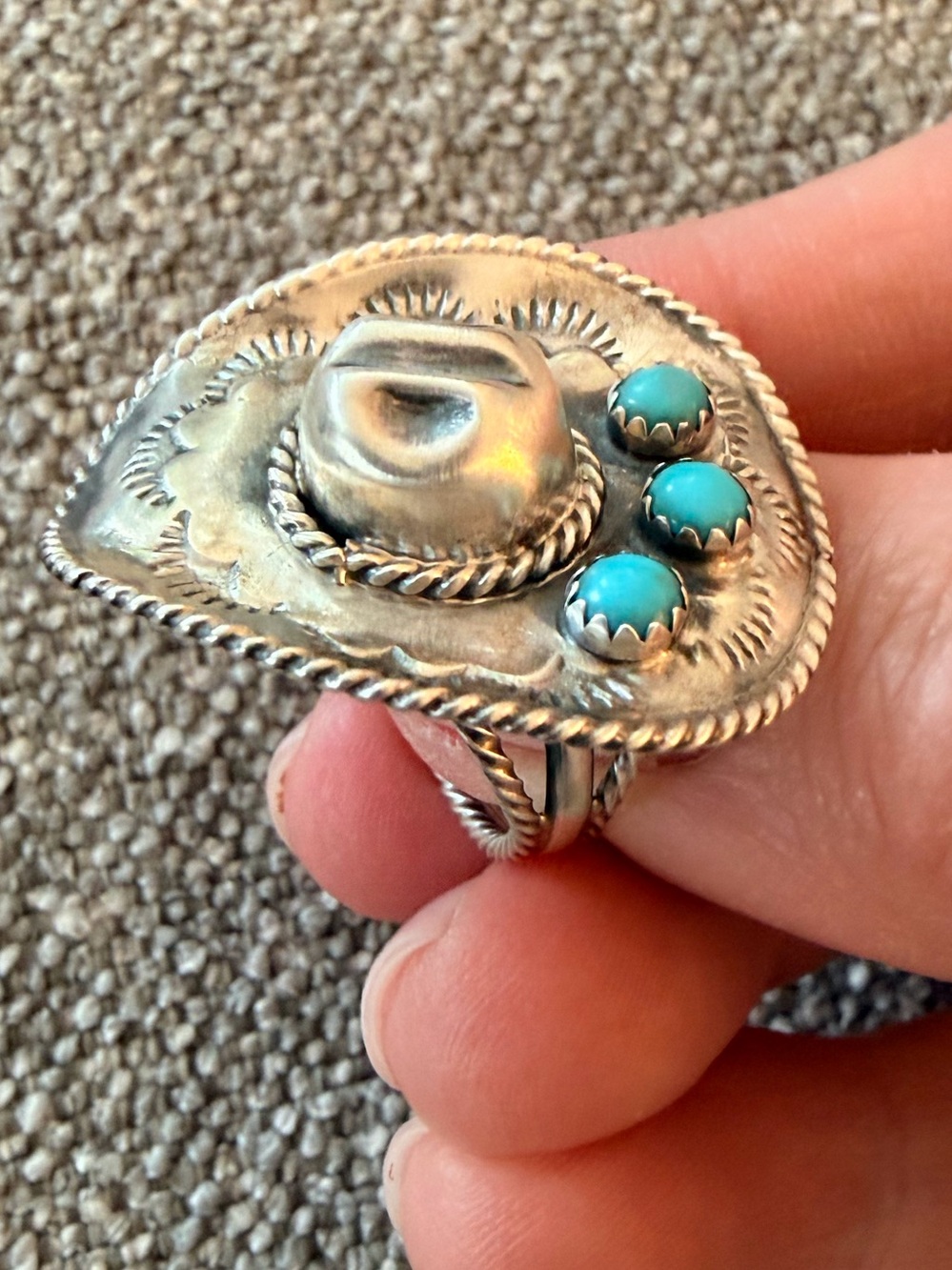 Bobby Platero Navajo Sterling and Kingman Turquoise Cowboy Hat Ring, Sz 5
